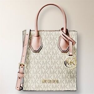 Michael Kors Mercer XS Shopper Powder Blush MK Logo Crossbody Bag Leather Tote